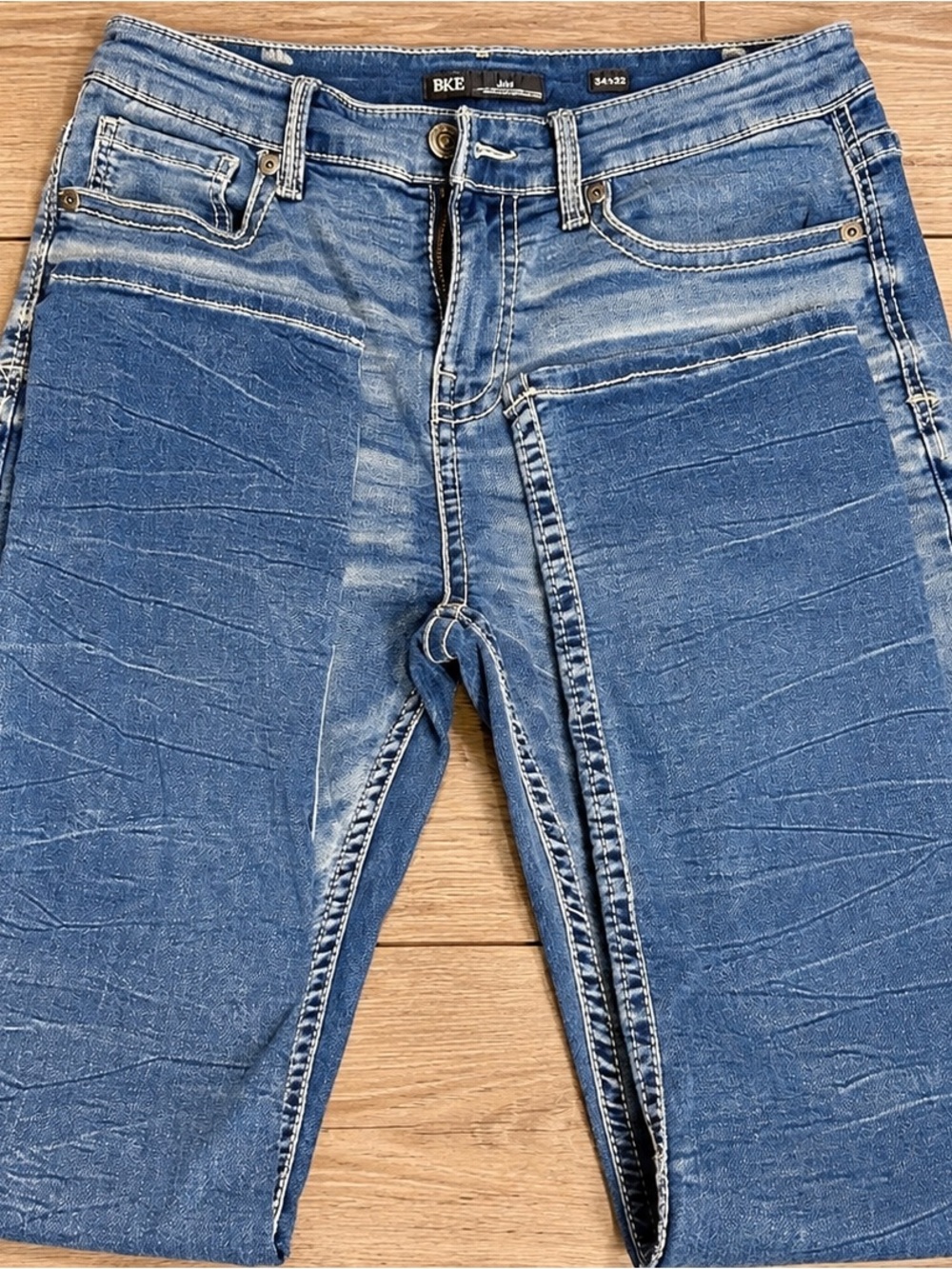BKE Men's Distressed Light Blue Slim Straight Jeans